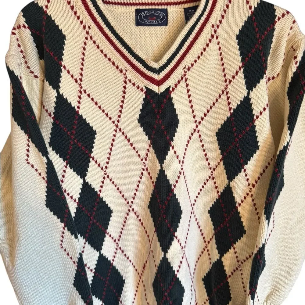 Vintage Regatta Sport Cotton Cream/Black/Red Argyle Unisex V-Neck Sweater